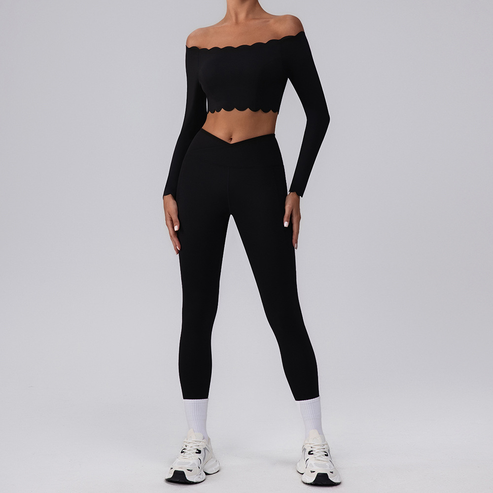 Europeos y estadounidenses un hombro trajes de yoga set top con cojín de pecho bra deportivo encaje pequeño hombro cortado mangas largas mujeres