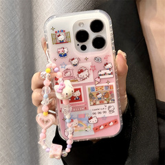 iPhone17/16ProMax/15/14対応、キティチェーン付きフルスクリーンステッカー入りファンデーションケース（女の子向け）
