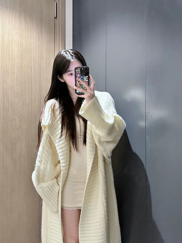 Sweater Knitted Jacket Autumn and Winter French Style Long Lapel Lazy Loose Casual Mid-Length Cardigan for Women