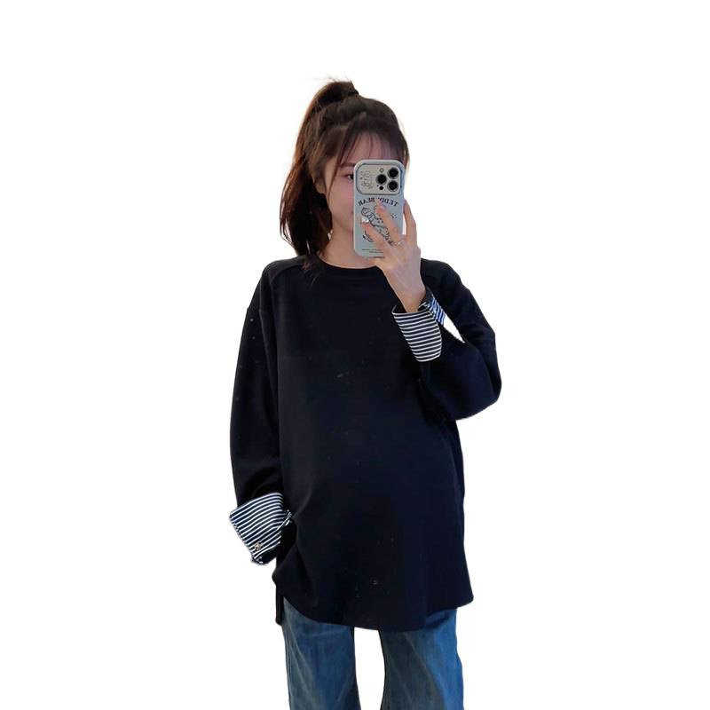 孕妇装卫衣衬衫条纹袖拼接长袖T恤新款棉质遮屁股宽松上衣|undefined