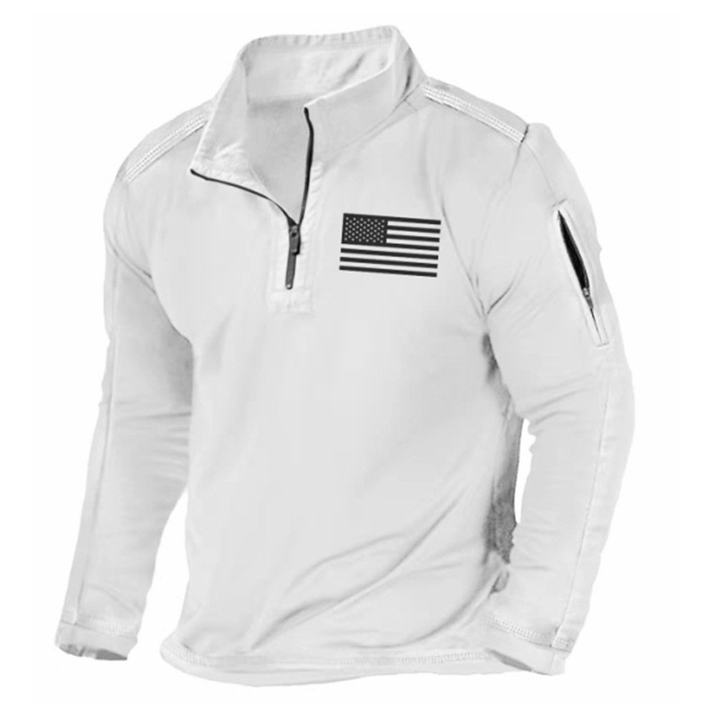Primavera y otoño Comercio exterior más tamaño de los hombres al aire libre bolsillo con cremallera media cremallera cuello táctico de manga larga Camiseta suéter casual