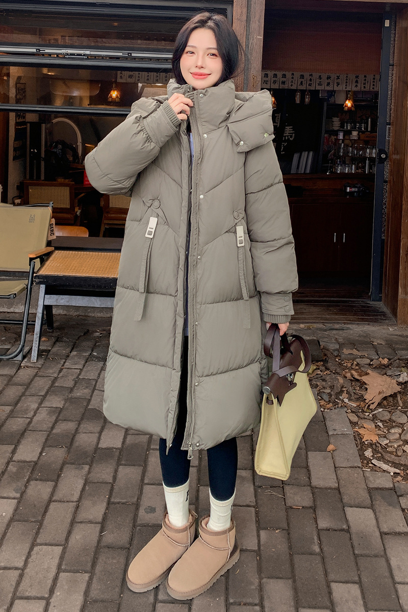 2025 nueva mujer de invierno largo y medio engrosado chaqueta de algodón de pluma caliente con capuchón grueso chaqueta de algodón de color sólido