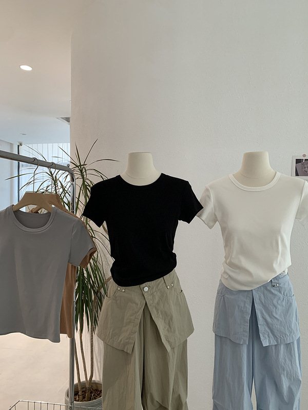 Omalai 無地ショルダースリムフィット半袖 Tシャツ多用途ファッショントレンド新作トップス卸売女性 3699|undefined