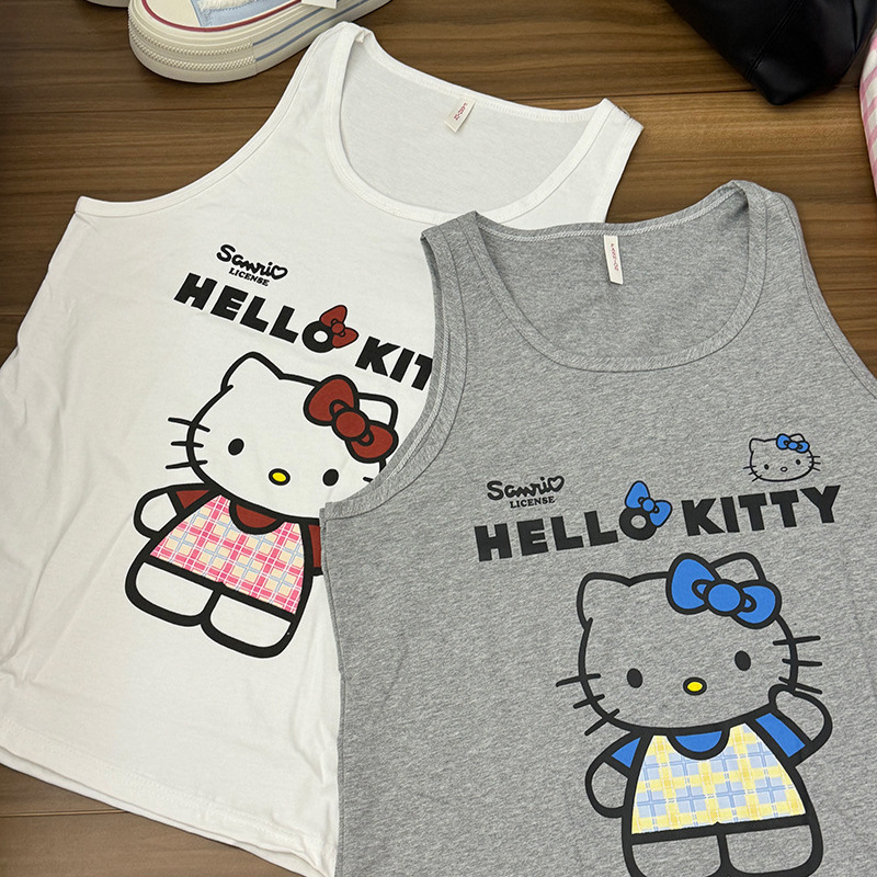 卡通kitty猫印花T恤女夏季慵懒风基础款背心宽松百搭外穿无袖上衣