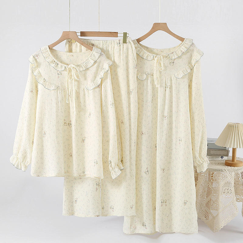 Crepe Fabric Round-Neck Pajamas, Home Wear Pullover, New Style Pure Cotton Floral Rabbit Long-Sleeve Spring and Autumn Nightgown, Suitable for Going Out Crepe Fabric Round-Neck Pajamas, Home Wear Pullover, New Style Pure Cotton Floral Rabbit Long-Sleeve Spring and Autumn Nightgown, Suitable for Going Out
