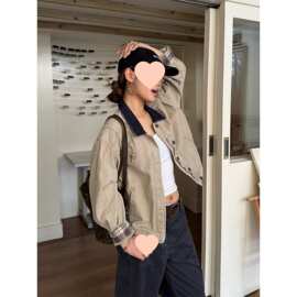 美式复古水洗翻领正肩短款工装牛仔夹克外套上衣女