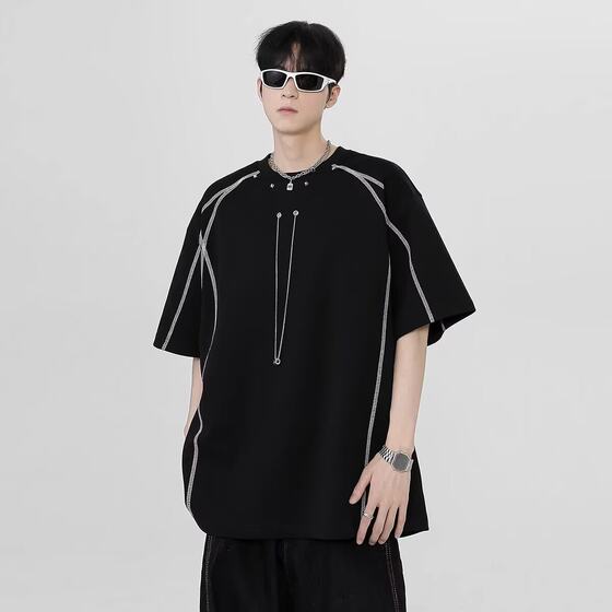 Summer Black Heavy Shoulder Short-sleeved T-shirt Men's Niche Contrast Color Line Design Sense Cyber Popular Raffles Handsome Small Collar T-shirt