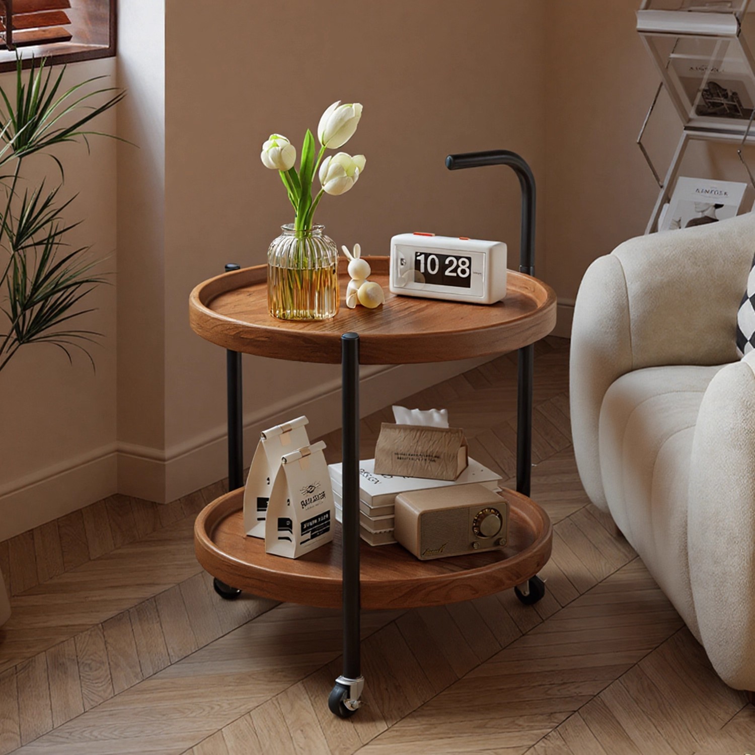 Mesa de té de doble capa móvil, sofá, mesa redonda, estantería doméstica, nuevo carro de balcón