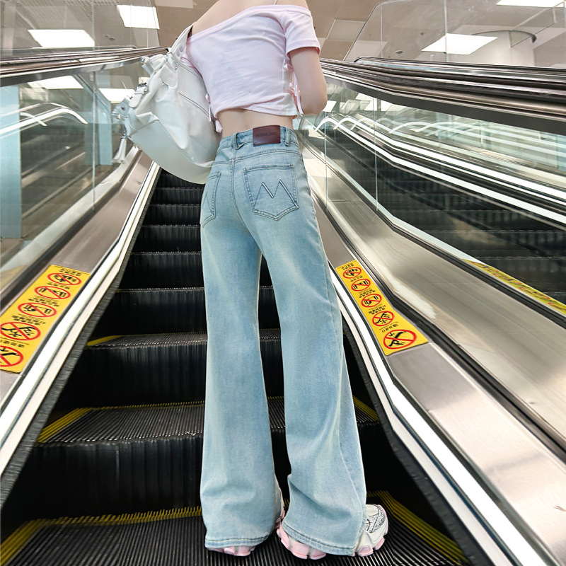 Lace elastic summer retro blue flared trousers