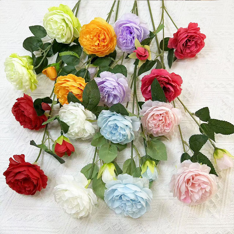 European Style 3-Head Peony Wedding Artificial Flower Western Rose Core-Spun Peony Wedding Hall Home Decoration Manufacturer