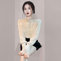 法式减龄感蕾丝打底衫春季新款气质名媛边立领衬衫女
