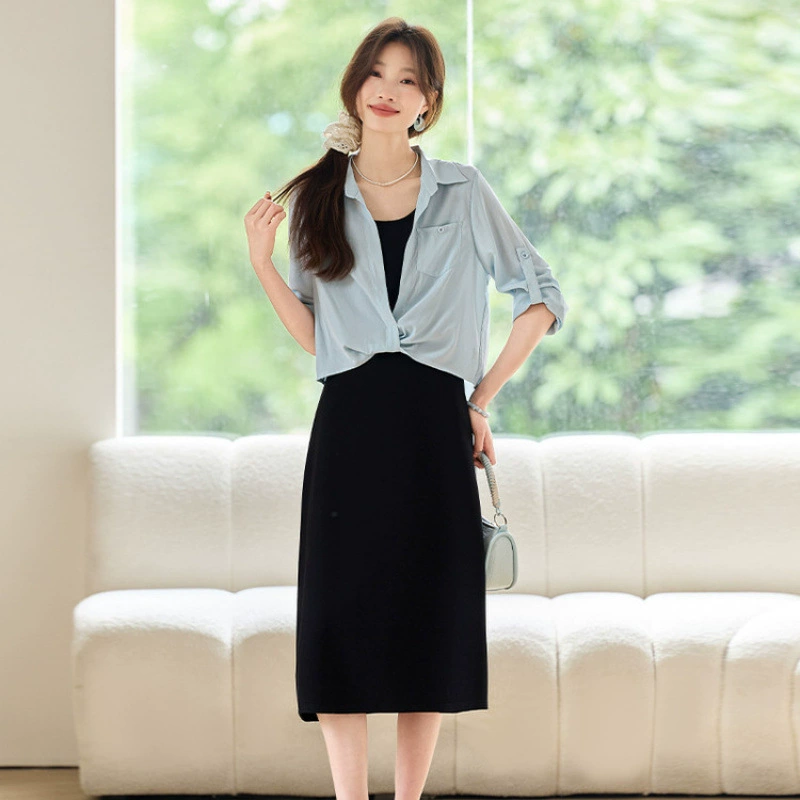 Элегантное летнее платье для женщин 2025 года, новый стиль, рубашка с защитой от солнца, черная юбка-миди на бретелях, утягивающий комплект из двух предметов