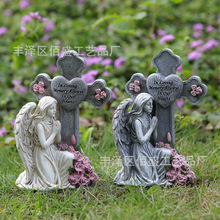 跨境复古祈祷天使雕像太阳能灯十字架纪念墓地摆件树脂花园装饰品
