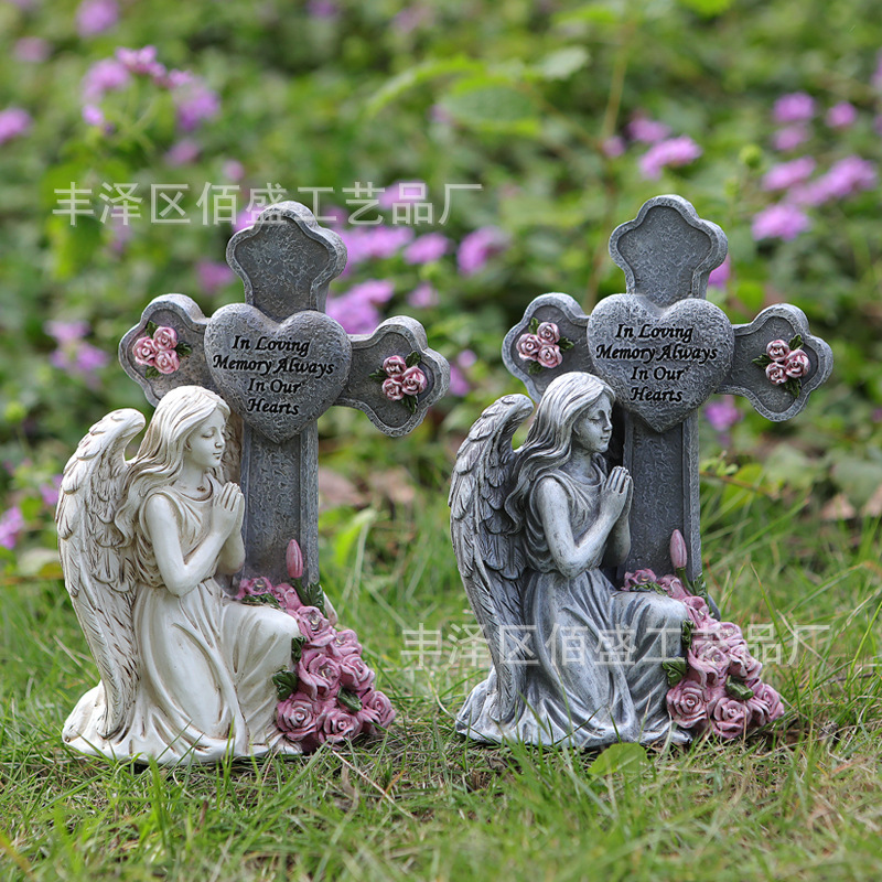 Estatuas de ángeles de oración retro transfronterizas lámparas solares cruz conmemorativa adornos cementerios de resina decorativos de jardín