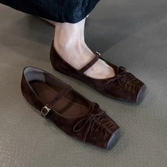 羊皮版~2025新款蝴蝶结一字扣带浅口单鞋法式复古风方头平底鞋女