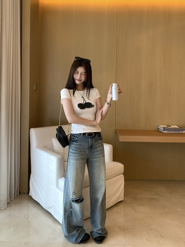 EKOOL衣库凉感冰肤科技棉·樱桃印花短袖T恤女夏修身显瘦圆领上衣|undefined