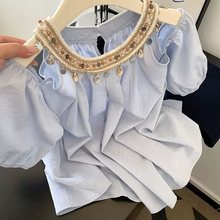 韩系海边度假风蓝色衬衫女25新款感重工钉珠圆领露肩宽松上衣
