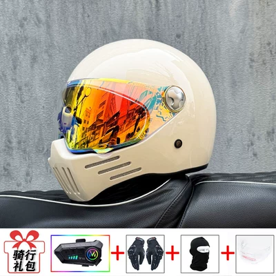 Motosiklet kaskı (dəbilqə): Certified Retro Motorcycle Full-Face Helmet - pearl-white-with-phantom-red-night-vision-transparent-mirror-included-y10-soft-wheat-m