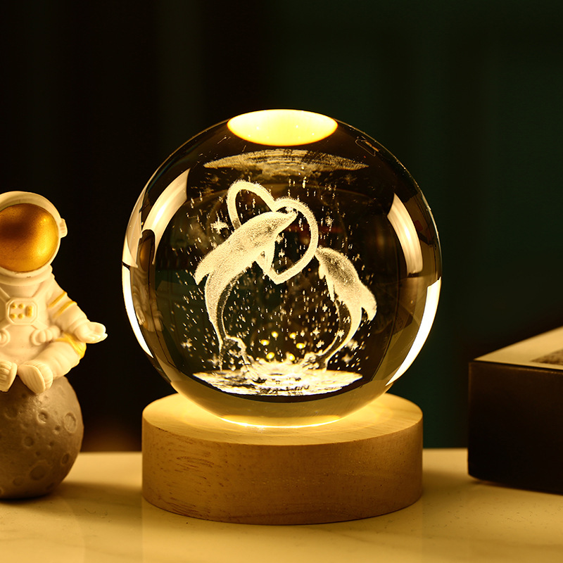 Bola de cristal 3D de la Vía Láctea — grabado interno luminoso con base de madera, luz nocturna decorativa creativa
