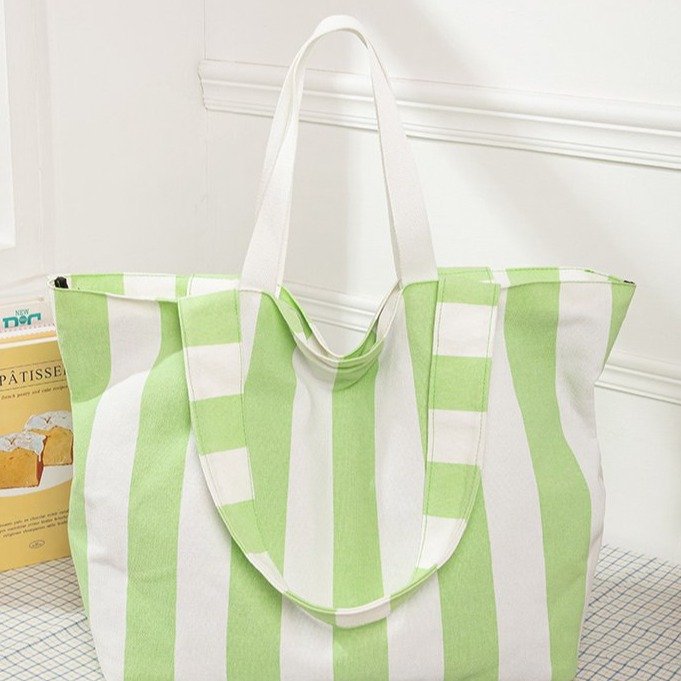 Striped Canvas Double Handle Large Zip Tote Bag 3