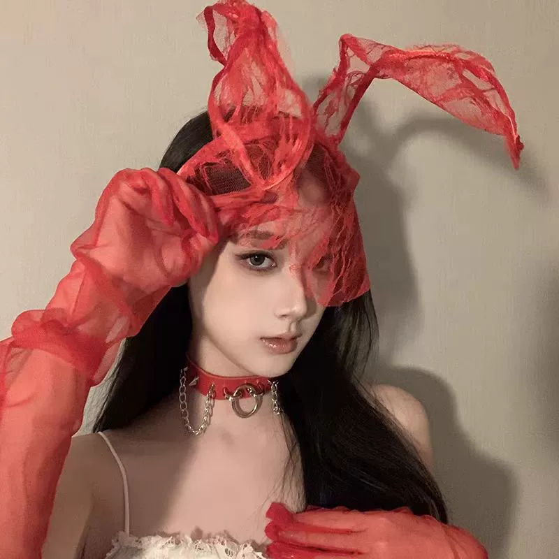 Headband Red Rabbit Lace Ears, Handmade Hair Accessory, High-Quality Graduation Party Style