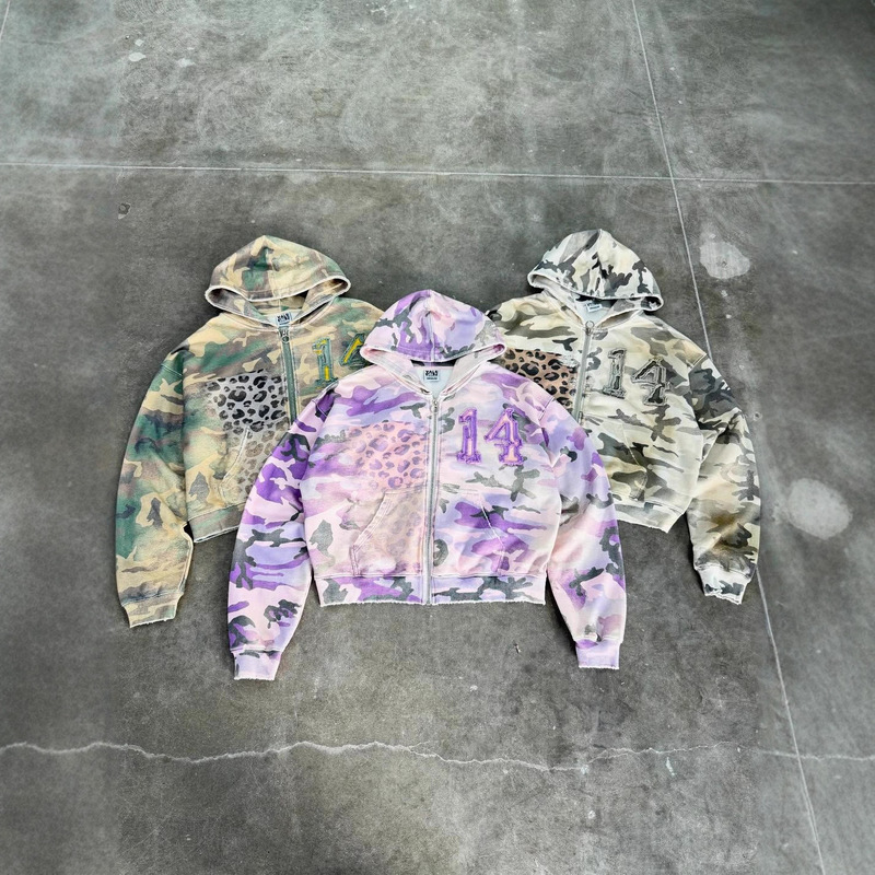 Men's Camouflage Leopard Hoodie and Printed Zipper, American Street Clothing, Women's Oversized Punk Goth