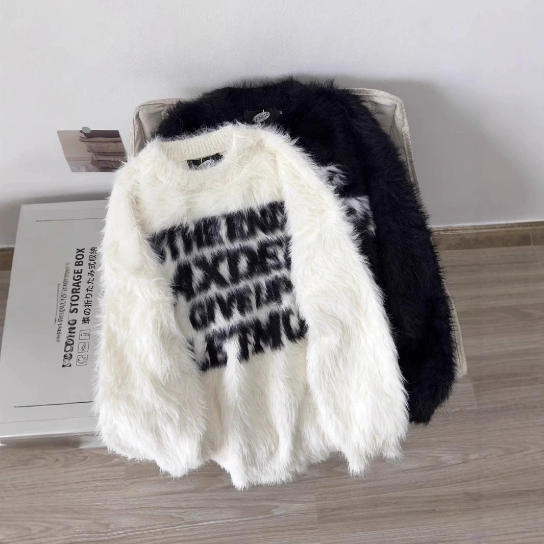 Американский ретро пара свитер для мужчин и женщин осенью и зимой свободные буквы норковый мех нишевые ленивый стиль свитер с круглым вырезом