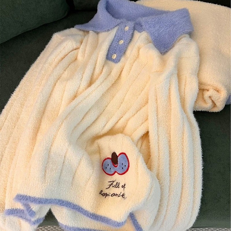 y新款日系简约半边绒睡衣女冬款加绒加厚保暖家居服套装可外穿|undefined