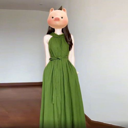 2025 Summer French-style Halter Neck Elegant Waist-Slimming Lazy-Style Resort Dress – Boho Chic, Whitening, Off-Shoulder Long Skirt
