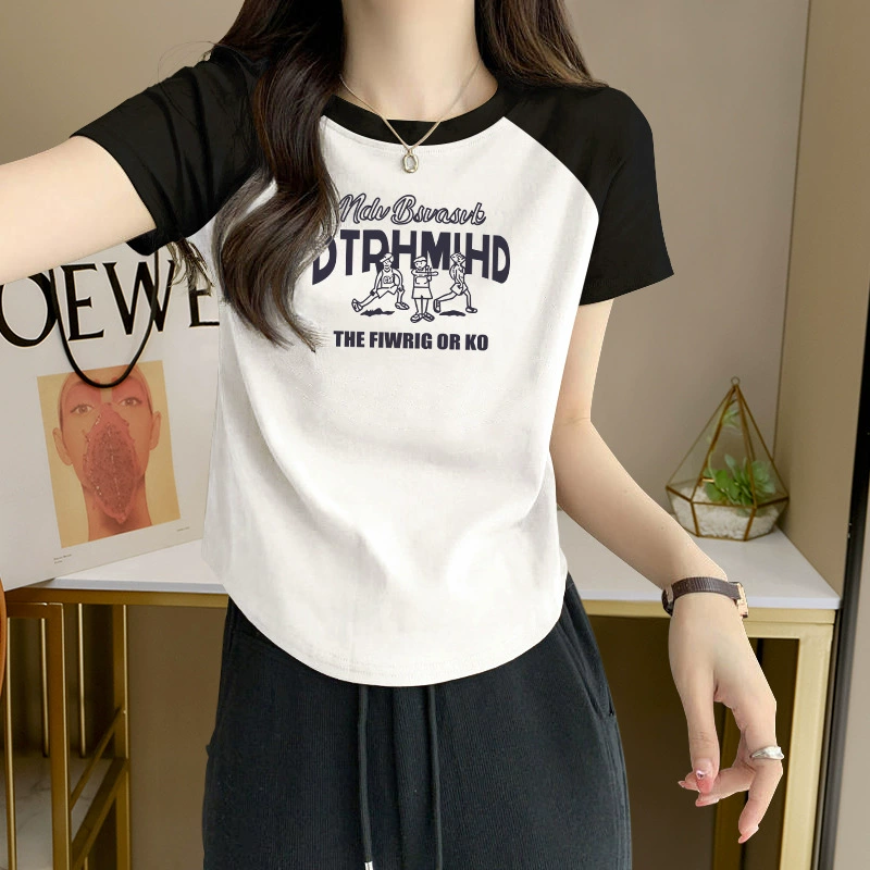 Модная женская футболка больших размеров с уникальным дизайном, рукавами реглан с цветными блоками, обычными плечами, облегающим кроем и топом с принтом для лета.