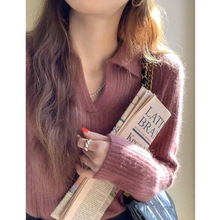 日系复古polo领针织衫女秋冬设计感小众软糯打底毛衣内搭翻领上衣