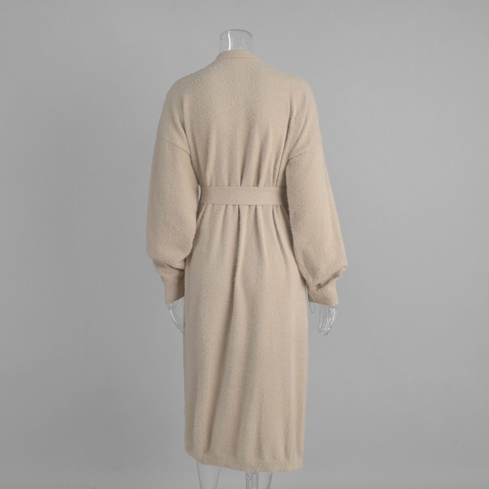 Áo cardigan len lông mềm dáng dài rộng cổ chữ V tay dài — hồng, màu xám, quần kaki chi tiết 19