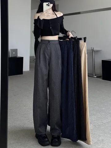 Women's Loose Striped Summer Suit Pants with Drape, Casual Long Trousers, Korean Style, Trendy High-Waisted Wide Leg Straight Leg Slimming