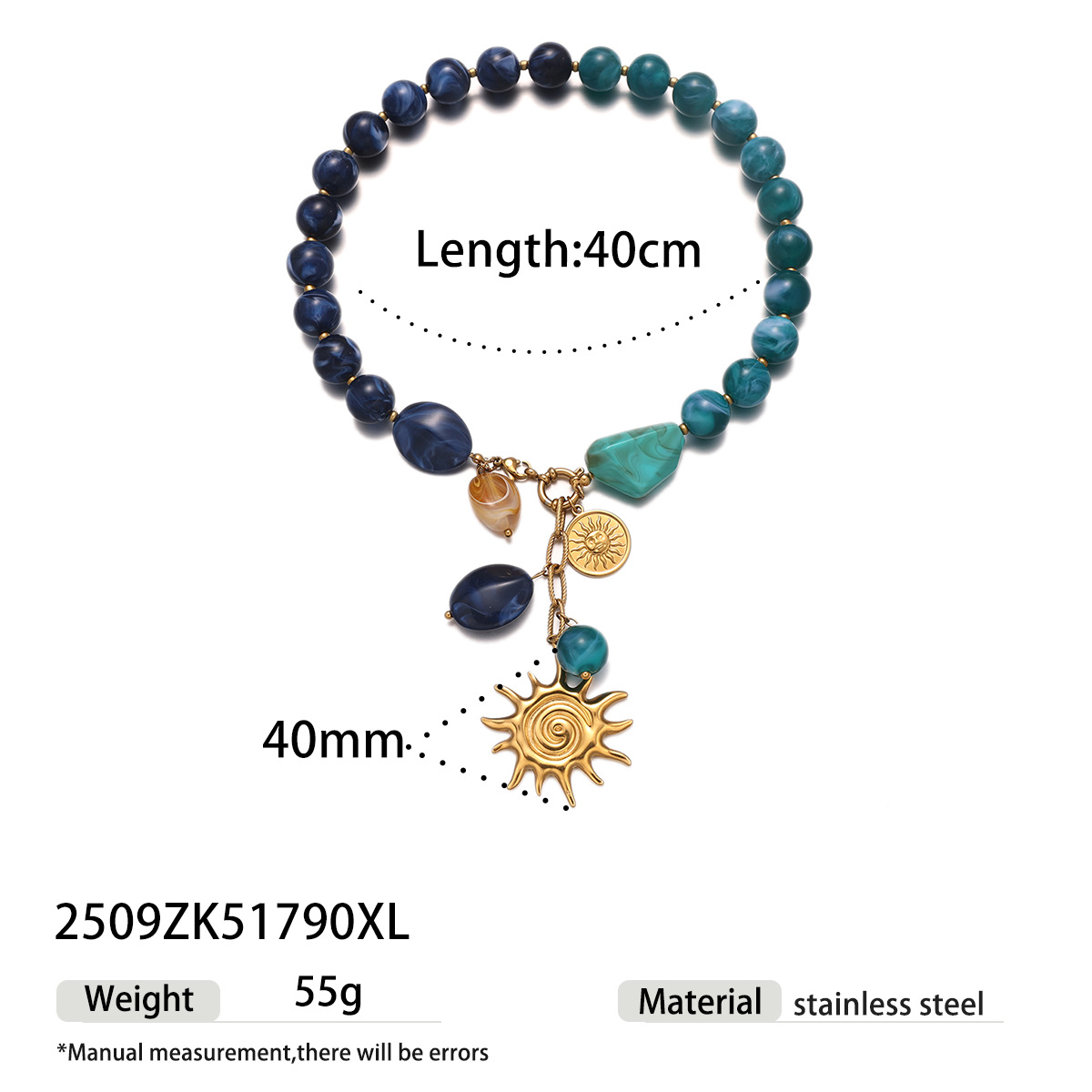 Collar de acero inoxidable de alta calidad acrílico azul para mujeres no se desvanece