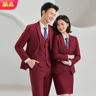 4S店房地产教师西服套装销售工作服酒红西装套装男女同款职业正装