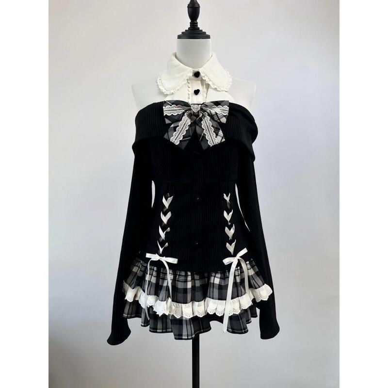 Now Available: Japanese-Style Sweet-Cool Dark Fashion Niche Design Bow-Tie Long-Sleeve Top and Plaid Short Skirt Two-Piece Set