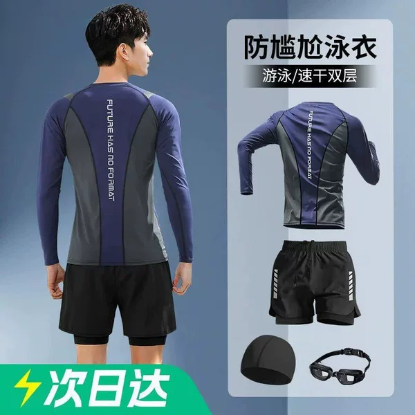 Men's Swimwear Set Adult Long-Sleeve Sun-Protective Swimsuit Men's New Anti-Embarrassment Swim Trunks and Top for Teenagers