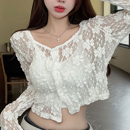 White v-neck long-sleeved sunscreen lace shirt women's summer wear pure want to see through short shirt slimming outer top
