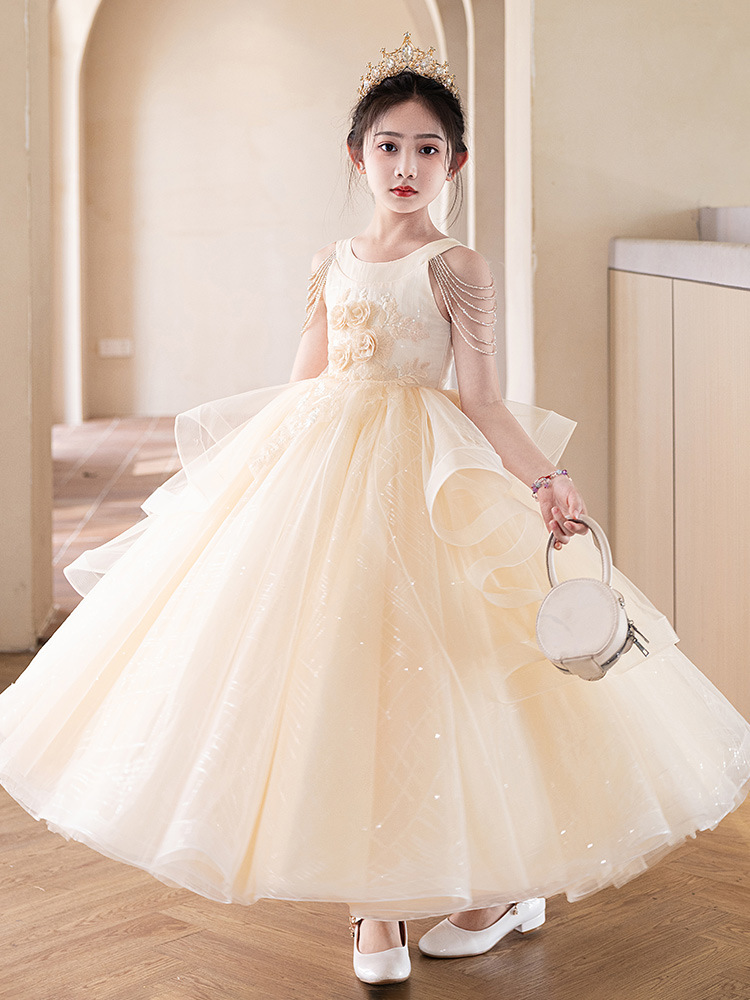 Vestido de niña, temperamento de alta gama, pasarela, interpretación de piano, actuación del día del niño, hilo esponjoso nuevo 2025