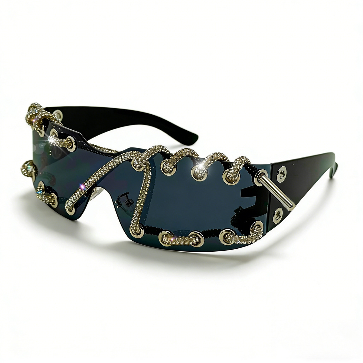 Cyberpunk Y2K Frameless Punk Flash Diamond Metal Ring Rivet Retro Futuristic Party Sunglasses_voghion.com