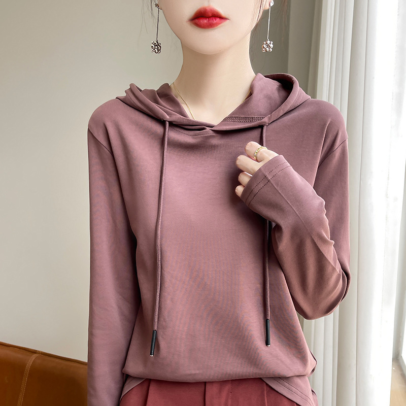 Combed Cool Cotton Long Sleeve Sweat Spring and Autumn Fashion Hooded Drawstring Design Breathable Pullover Top Trendy