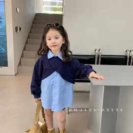 女童假两件衬衫2023秋装春季新款宝宝拼接翻领撞色休闲卫衣潮代发