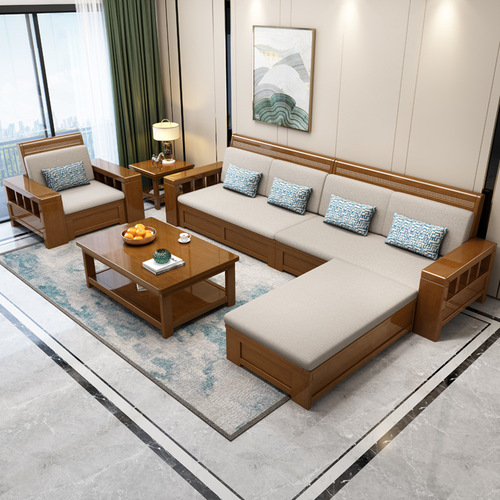 New Chinese-style solid wood sofa living room solid wood furniture set modern minimalist winter and summer two-in-one small apartment wooden sofa