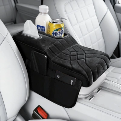 Car Armrest Box Protective Cover – Armrest box pad - colorful-cup-plush-style-black