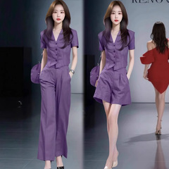ファッションスーツ女性2025夏の新型洋気質が痩せているvネック半袖スーツのワイドパンツ減齢2セット
