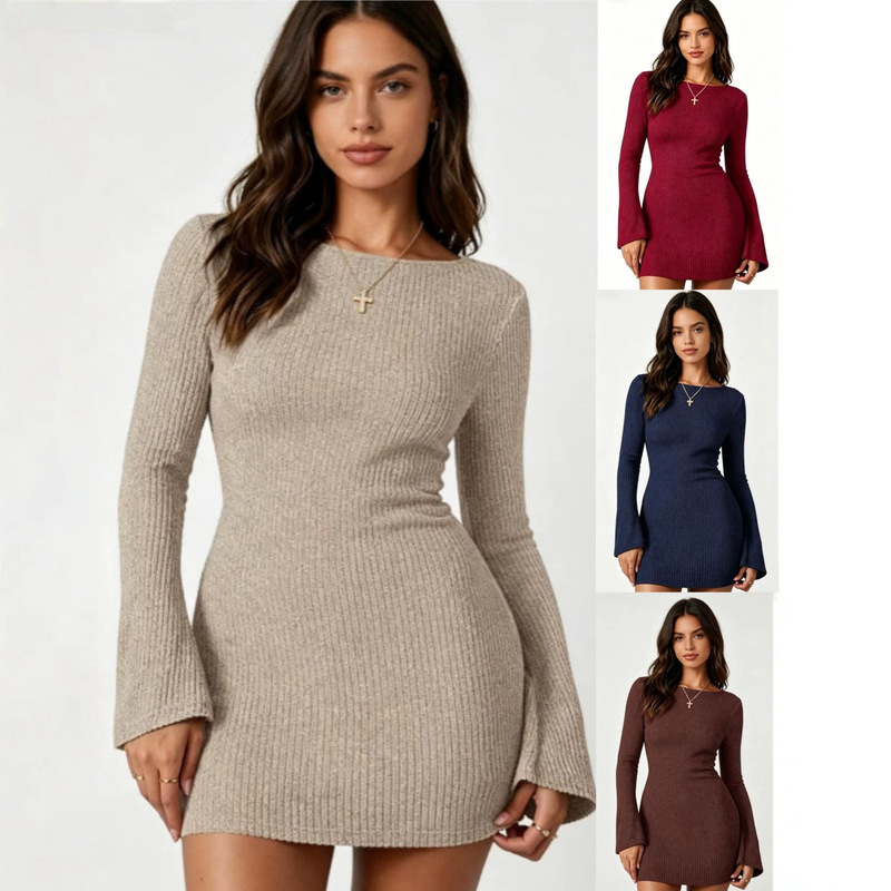 2026 Amazon Cross-Border Women's Clothing Flared Long-Sleeve Bodycon Mini Dress Off-Shoulder Slim-Fit Short Party Dress