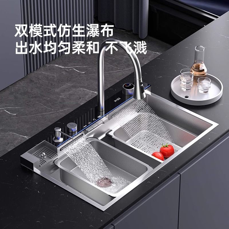 Silver Whale Waterfall Fregadero 304 Acero inoxidable Color primario Hogar Pantalla digital multifuncional Cocina Gran lavabo de un solo tanque