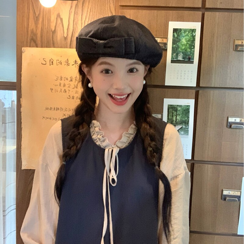 早秋甜美百搭蝴蝶结贝雷帽女复古文艺牛仔简约八角帽报童画家帽子|undefined