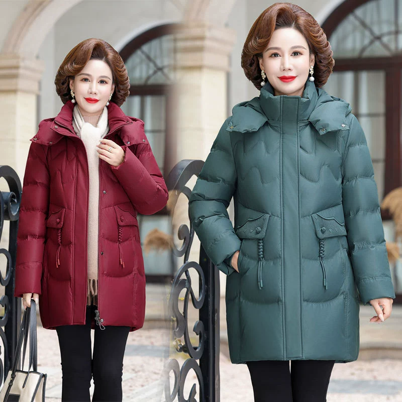 Белый пуховик для женщин среднего и пожилого возраста на утином пуху для мамы 2023 осенне-зимнее длинное теплое толстое пальто с капюшоном