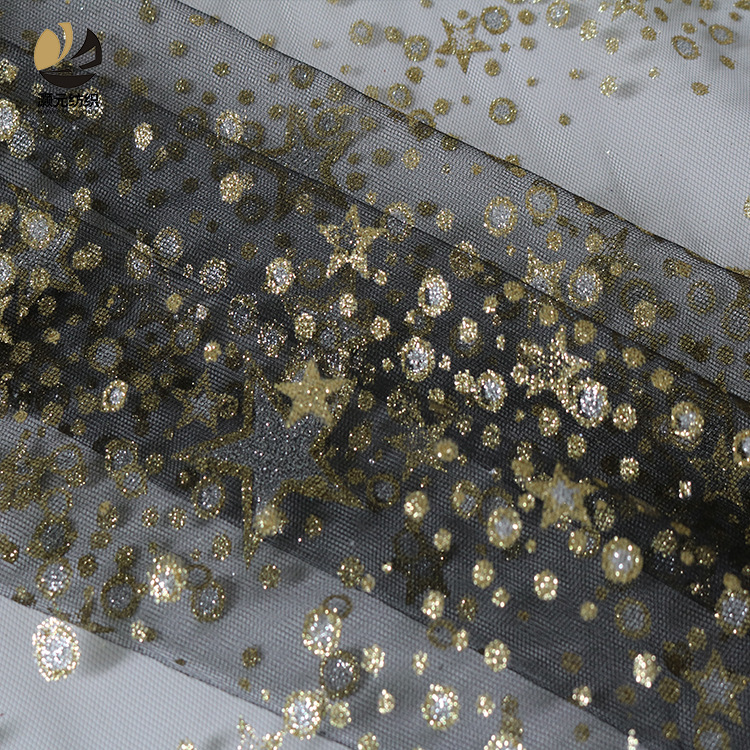 Fábrica de oro impresa en stock pentagonal estrella meteorita no cae polvo vestido de boda tela de malla decoración